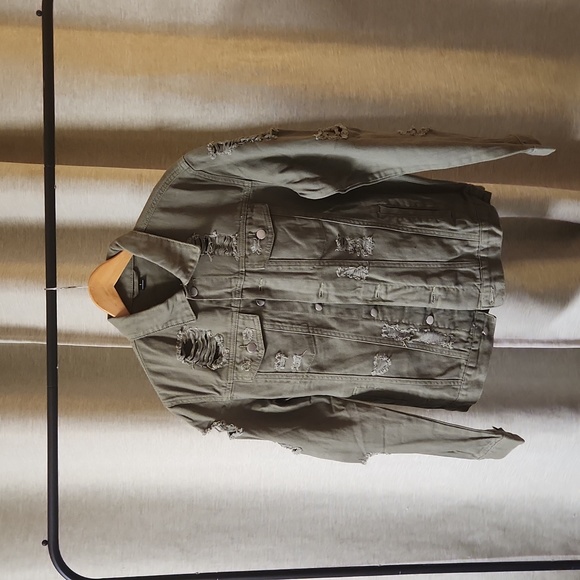 NEW / MENS DENIM JACKET DISTRESSED GREEN SIZE S - Picture 2 of 6